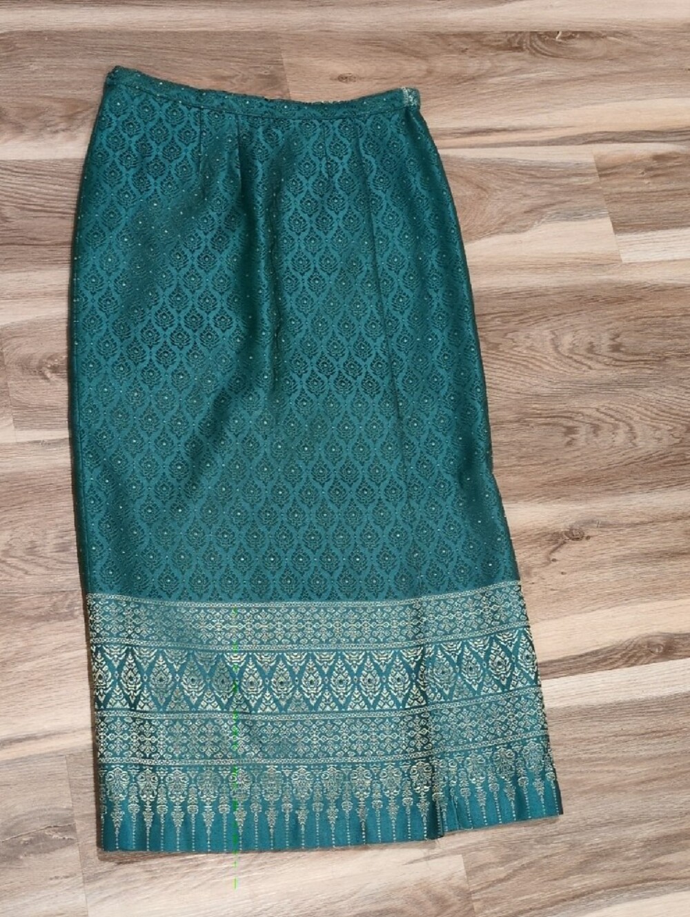 Thai Silk Teal Gold Traditional Long Skirt 34 Waist Thailand NWOT